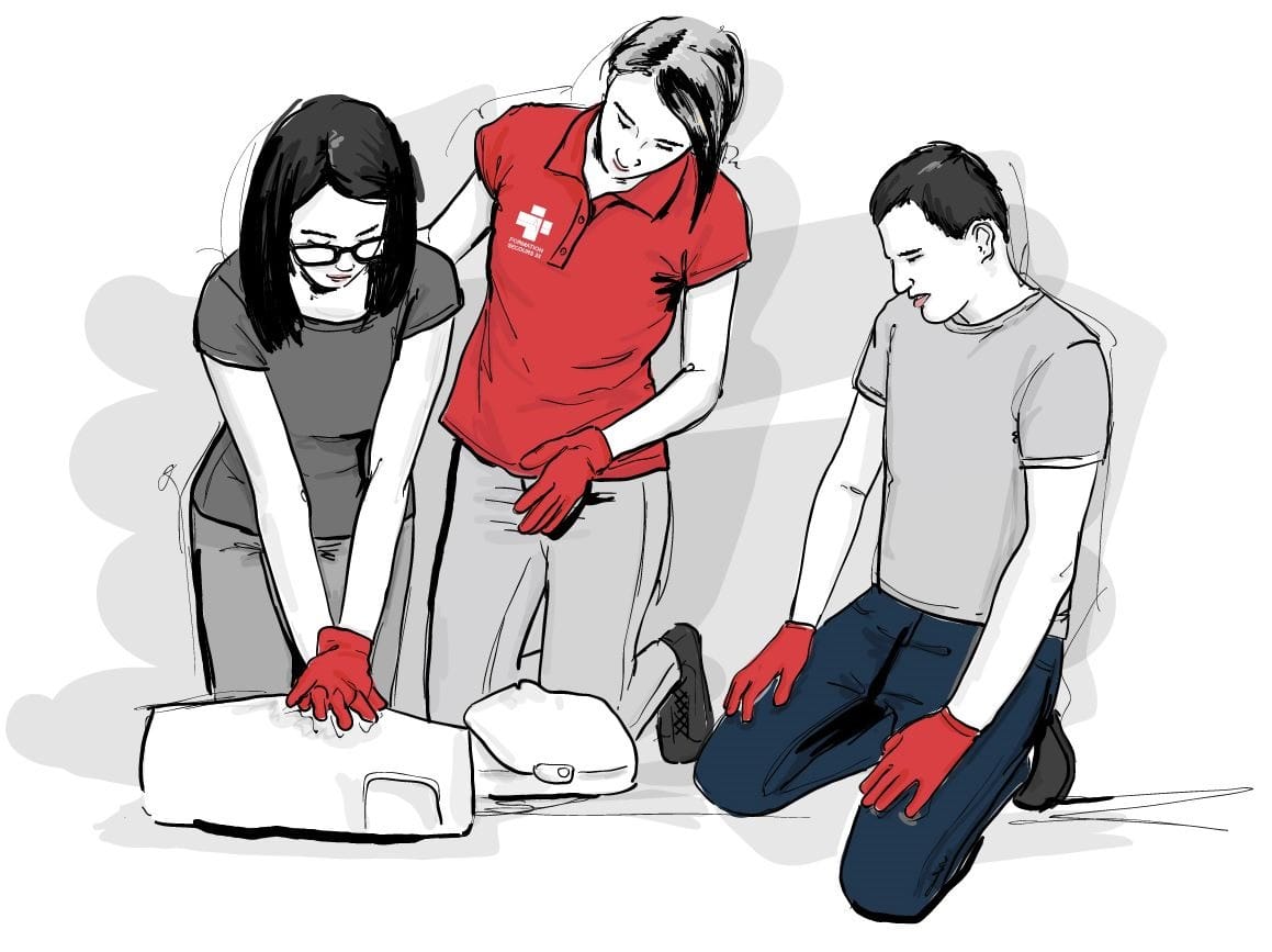 illustration d'une formation premiers secours et apprentissage du massage cardiaque sur un mannequin